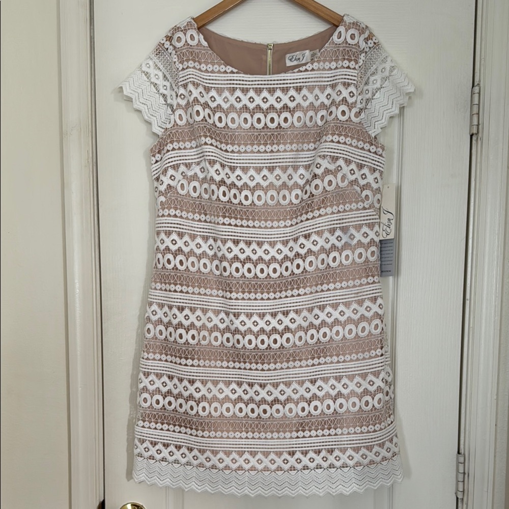 Eliza J White and Tan Lace Dress